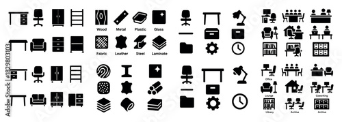 Office furniture and material icons set