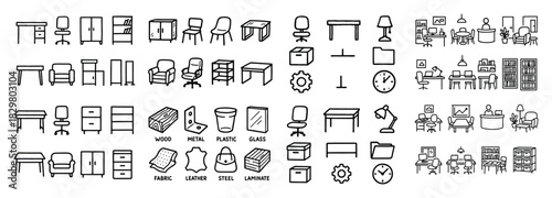 Black and white office furniture icons