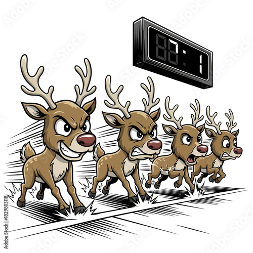 Cartoon reindeer race against the clock in a comical christmas competition