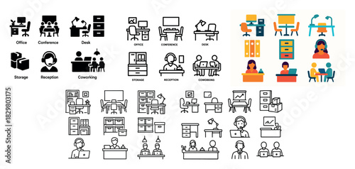 Office icons: desk, conference, reception