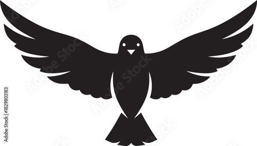 Elegant minimalist black silhouette of a bird soaring with wings wide open, symbolizing freedom and peace against a pure white backdrop. Clean, high-contrast flat vector art