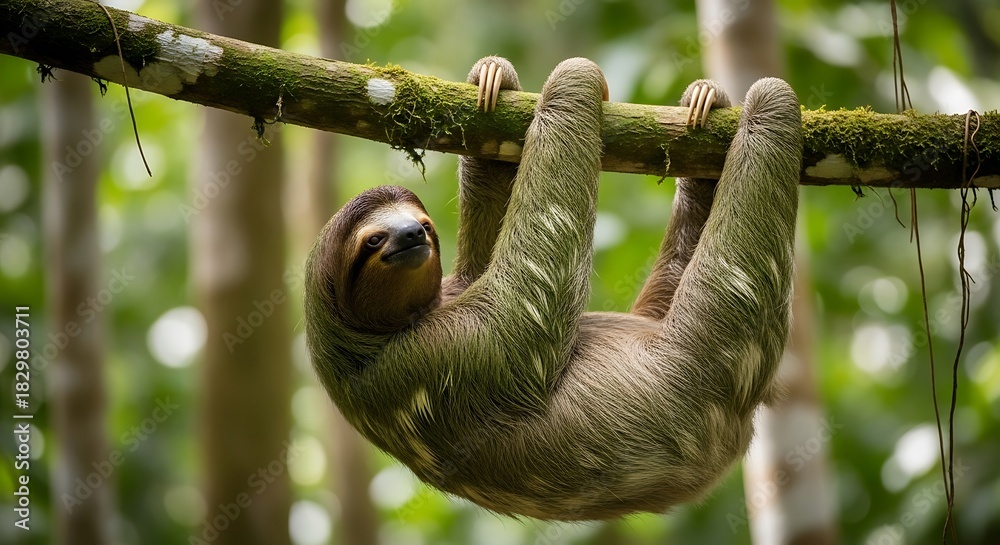 Obraz premium A sloth hangs upside down from a tree branch in a lush green forest.