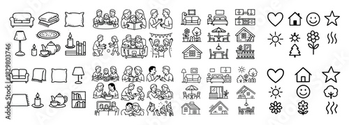 Cartoon family home icons set
