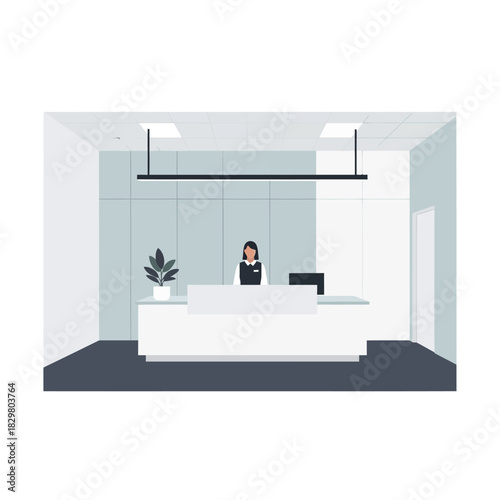 Female receptionist at a modern office reception desk.