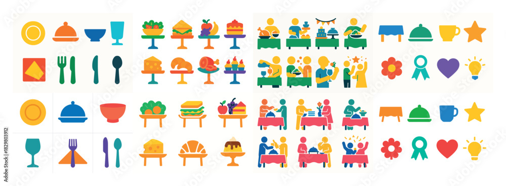 Fototapeta premium Colorful dining icons and food elements