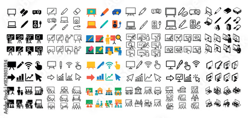 Diverse tech and office icons set