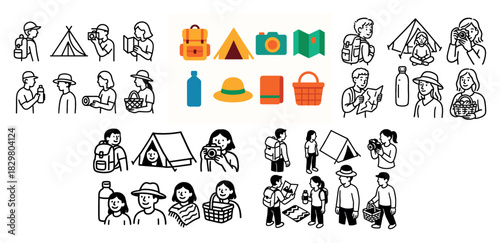 Camping adventure icons and illustrations