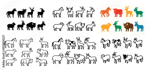 Farm animals silhouette and color set