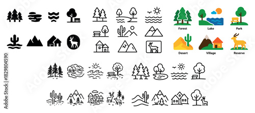 Nature icons collection: forest, lake, desert