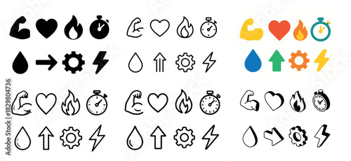 Colorful fitness and energy icons set