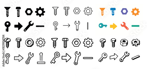 Screw, key, wrench, gear icons set