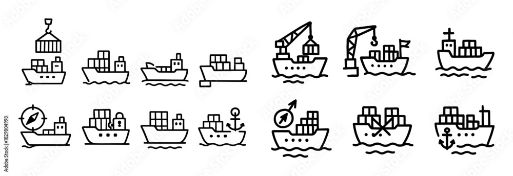 Fototapeta premium Cargo Ship Doodle Icons