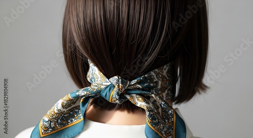 Short Bob with Patterned Silk Scarf Tied at Nape — Boho Accessory Detail
