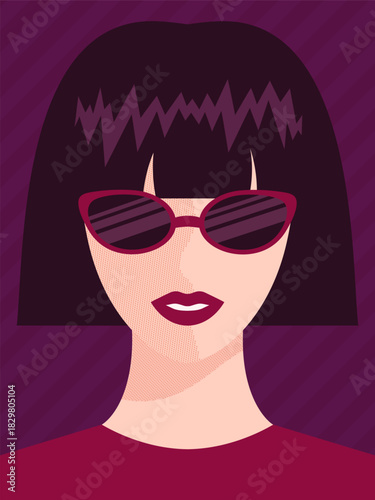 Abstract portrait of a woman with bob haircut and sunglasses. Poster with a faceless woman. Vector illustration