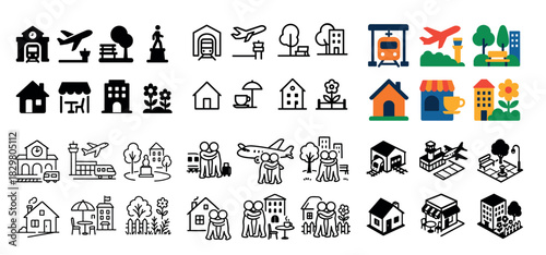 Stylized urban and rural icons collection