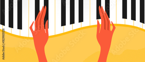 Music background with woman hands playing on the piano. Hands on piano keys. Vector illustration