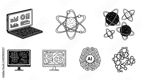 Vector icons, minimal line art, holograms, orbit rings, digital screens, AI brain symbol, nanotechnology particles, isolated on white background, clean outlines, high-resolu