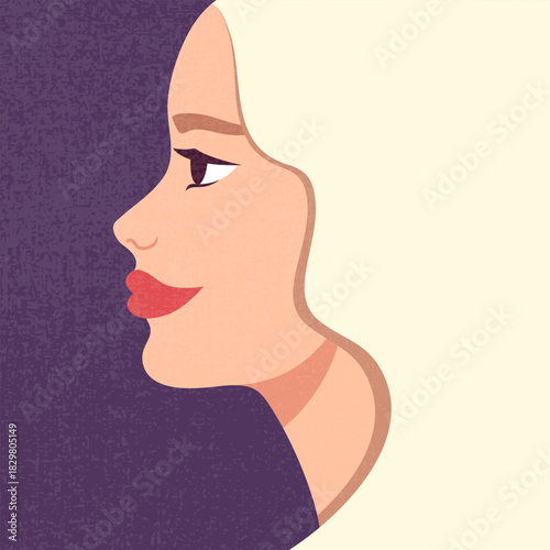 Poster with a blonde woman in profile view. Female portrait. Vector illustration