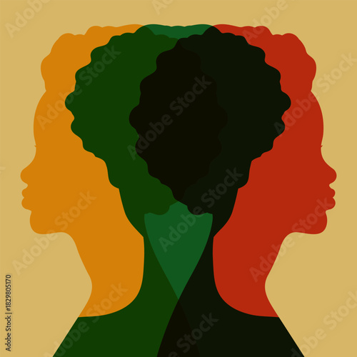 African woman profile silhouettes in red, yellow, green colors. Black history month celebrate. Vector illustration