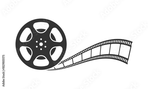 Silhouette of film reel with unwind film strip. Filmmaking equipment icon. Cinema symbol. Vector illustration