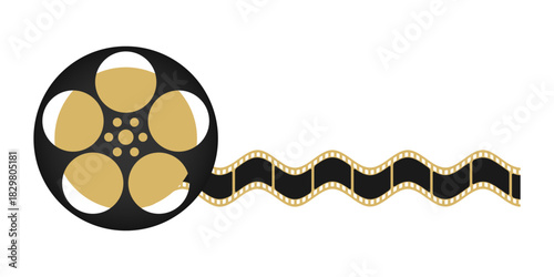 Film reel with wavy film strip. Filmmaking equipment icon. Cinema symbol. Vector illustration