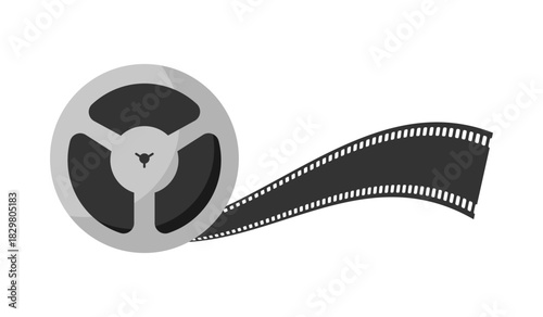 Cinema symbol. Film reel with unwinding film strip. Filmmaking equipment icon. Vector illustration