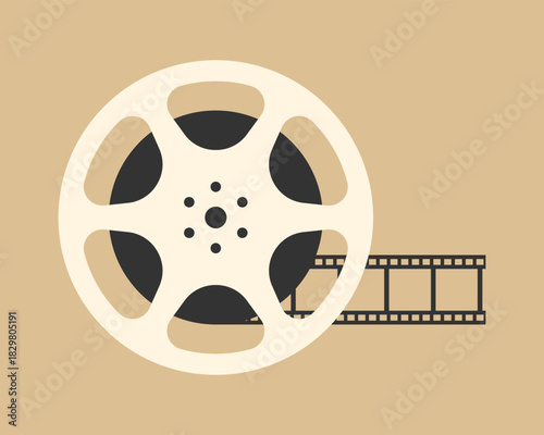Film reel icon with unwind film strip. Filmmaking equipment icon. Cinema symbol. Vector illustration