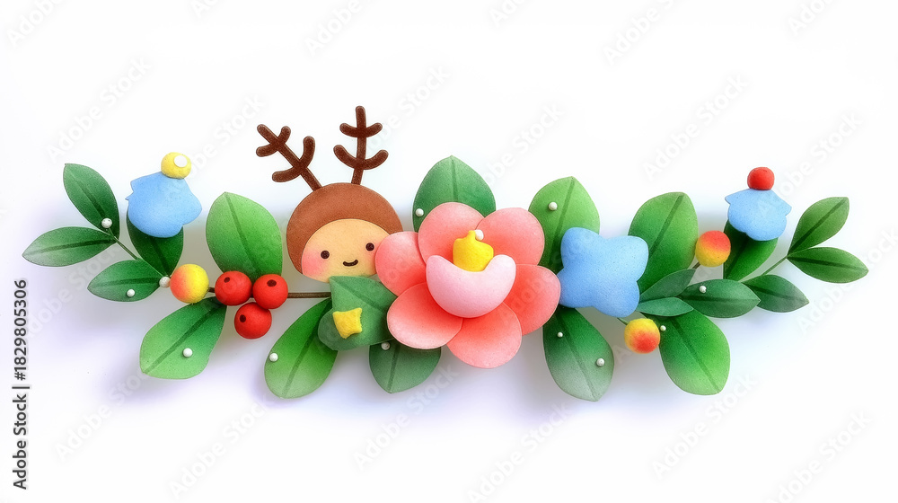 Obraz premium Cartoon reindeer surrounded by colorful flowers and green leaves. Bright and playful setting creates a joyful atmosphere. Concept of holiday decorations, gifts, children’s art