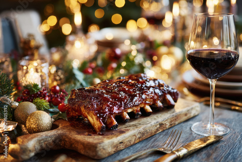 Rustic Christmas Wine & BBQ Ribs Setting