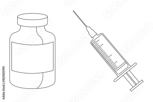 Line art medical syringe and vaccine bottle set for healthcare and pharmacy-related designs.