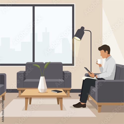 Man enjoying a hot beverage while reading a book in a comfortable setting.