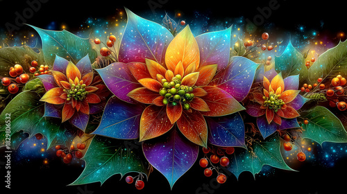 Bright floral design showcasing poinsettias and berries in vivid colors. The backdrop is black, making the flowers stand out. Concept of decoration, floral art, holiday designs