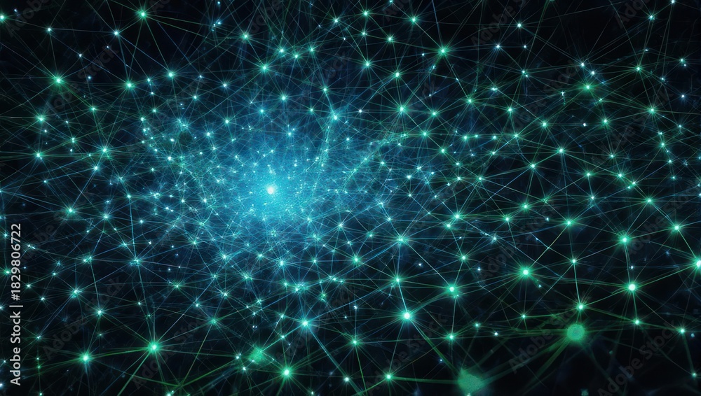 Obraz premium Abstract image depicts a luminous network of interconnected points and lines, glowing in the dark