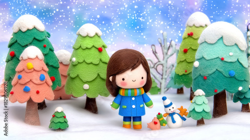 Cheerful girl with brown hair in blue coat stands next to snowman in vibrant winter landscape. Soft snow covers ground, Christmas trees adorned with ornaments