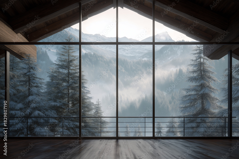 Naklejka premium View from inside an alpine chalet through a large glass wall showing snowy pines and misty mountains, soft reflections on the glass