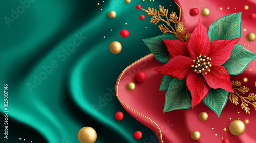 Red poinsettia placed on rich green and red fabric with decorative gold and red accents. Dynamic composition creates a festive feel. Concept of holiday decor, seasonal celebration, home decoration
