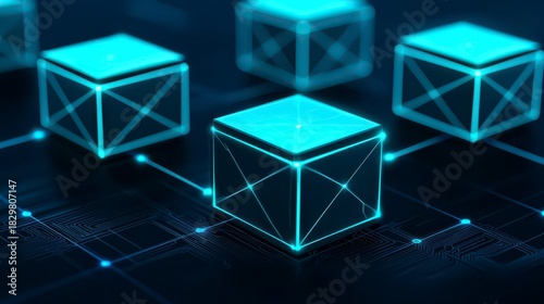 A digital illustration depicting interconnected blocks with glowing edges, representing a network or blockchain technology.