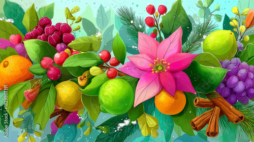 Vibrant illustration features assorted fruits and flowers arranged harmoniously. Bright colors and playful design create joyful atmosphere. Concept of agriculture, events, nature, and celebrations
