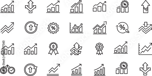 Set of growth and success vector line icons representing financial performance and achievement in business and investment