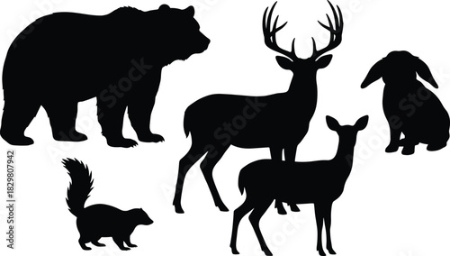 Black Silhouettes of Forest Wildlife Animals, Vector Illustration Set with Bear, Skunk, Doe, Buck, and Rabbit, Graphics Representing Nature, Environment, and Hunting Season.
