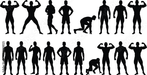 Bodybuilding silhouettes, male figures, flexing, standing, sprinting, posing, fitness, strength, posture, behavior, anatomy, black, minimal, abstract, people, action, discipline, technique