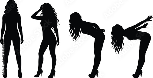 Female silhouette poses, high heels, long hair, standing, bending, posture, gesture, fashion, style, behavior, black, minimal, abstract, people, movement, concept