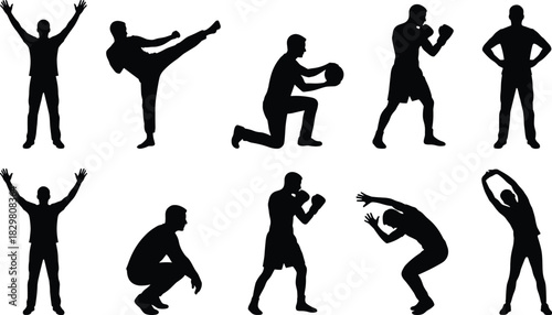 Fitness silhouette poses, dynamic exercise movements, strength and cardio training icons, black figure pattern, white background illustration