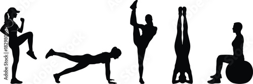 Fitness silhouette, workout poses, yoga balance, core strength, flexibility training, exercise ball, plank position, headstand, cardio warm-up, active lifestyle