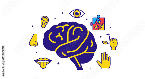 A vibrant vector illustration highlights the human brain at its core, surrounded by icons of the five senses, symbolizing cognitive function and mental process.