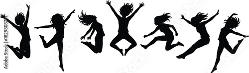 Group of Multiple Happy Women Silhouettes Jumping, Diverse Female Friends Celebrating with Arms Raised, Black Vector Graphics of Success, Energy, Freedom, and Cheerful Excitement.