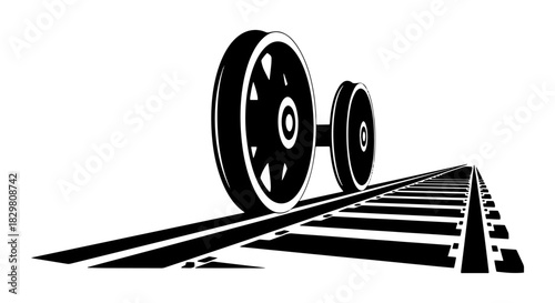 Train wheels on railroad tracks vector illustration in black and white suitable for transportation or engineering designs