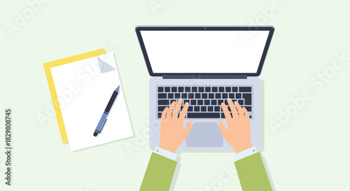 A person's hands actively type on a sleek laptop keyboard, with a pen and paper nearby, illustrating modern productivity and digital content creation.