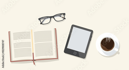An overhead view displays essential items for a relaxing reading session, featuring a traditional book, modern e-reader, stylish glasses, and a steaming cup of coffee.