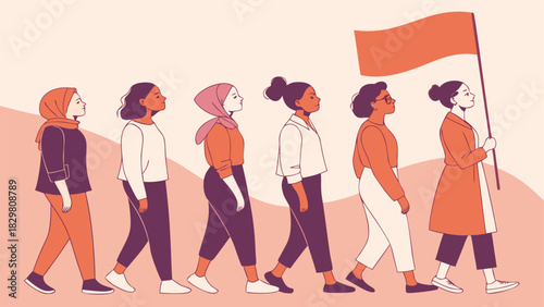 Empowered women marching together for equality and social change, a diverse group united by purpose and strength, raising awareness and inspiring progress, vector art